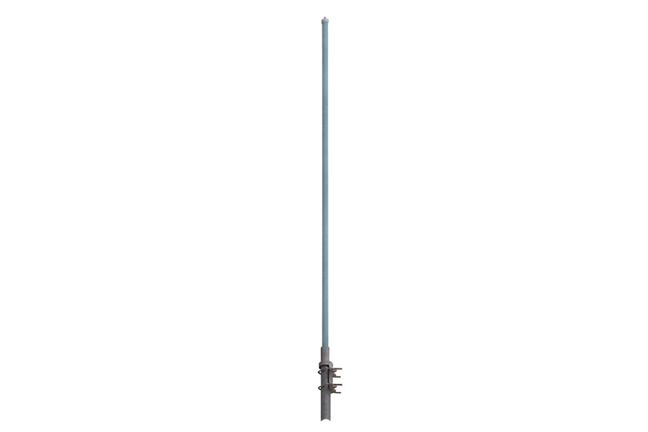 Blauwe radioantenne met grijze bevestiging.