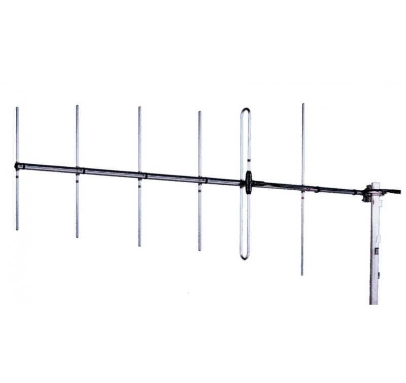 Antenne Yagi à six éléments montée sur un mât métallique.