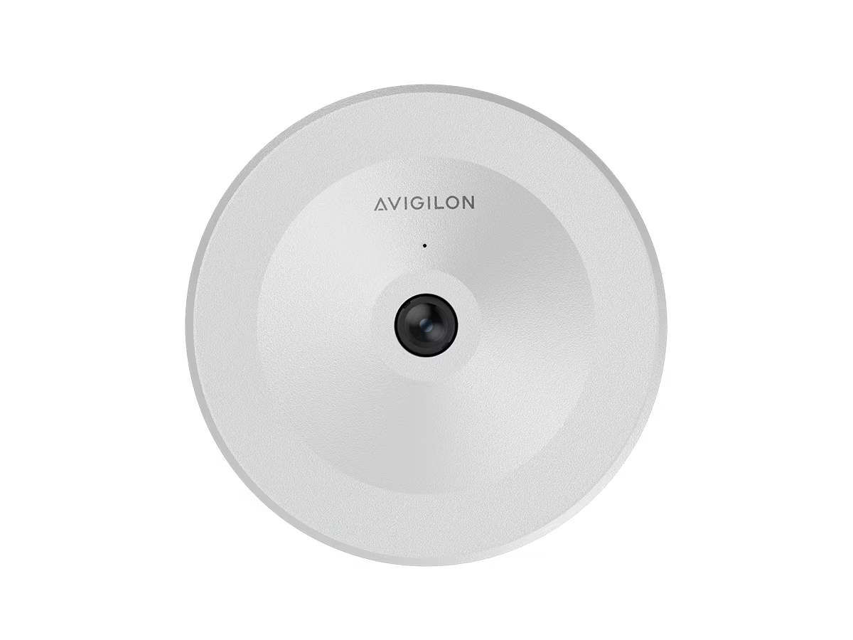 Round surveillance camera with lens in center, brand name on top.