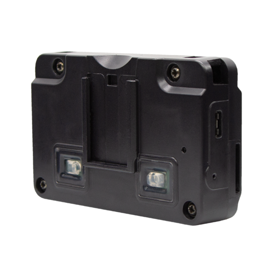 Appareil électronique noir avec deux lentilles et un port USB.