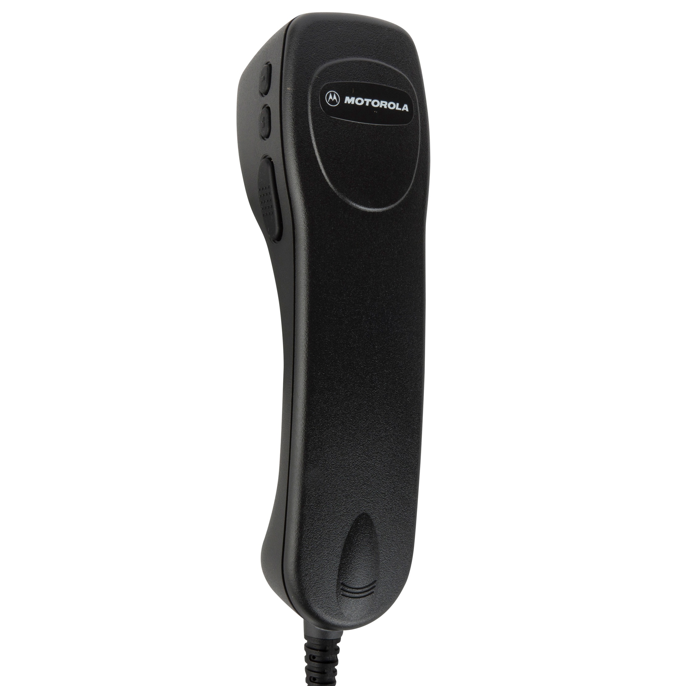 Zwart Motorola handmicrofoon met kabel, knoppen aan de zijkant.