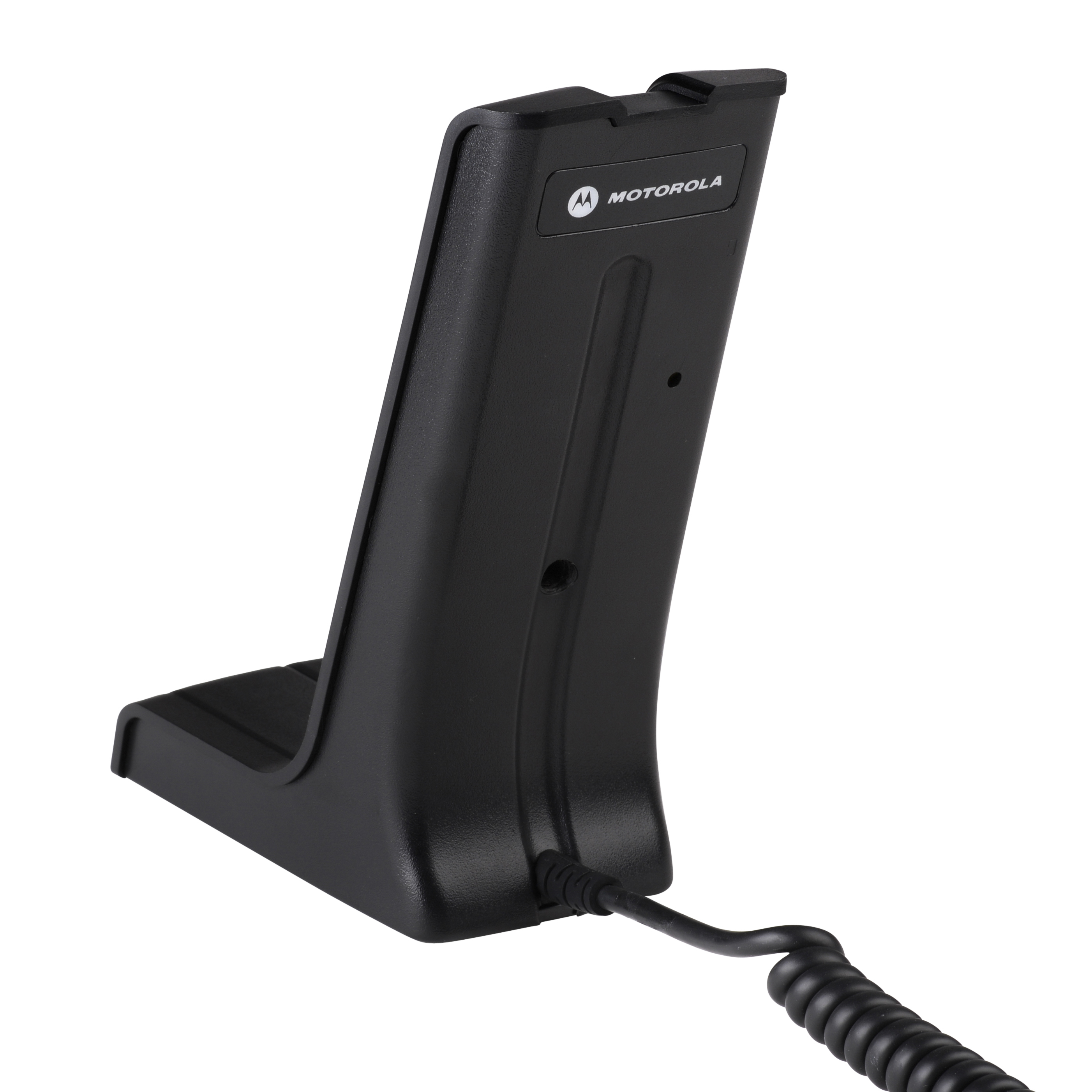 Zwarte dockingstation met kabel, geschikt voor Motorola-apparaten.