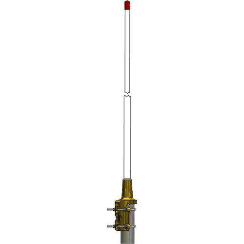 Vertical antenna with red tip and mounting bracket.