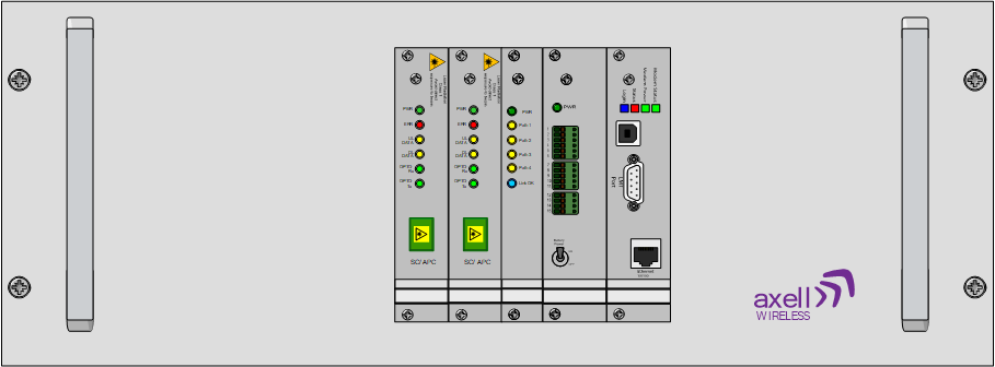Technisch bedieningspaneel met LED-indicatoren en poorten, axell wireless-logo.