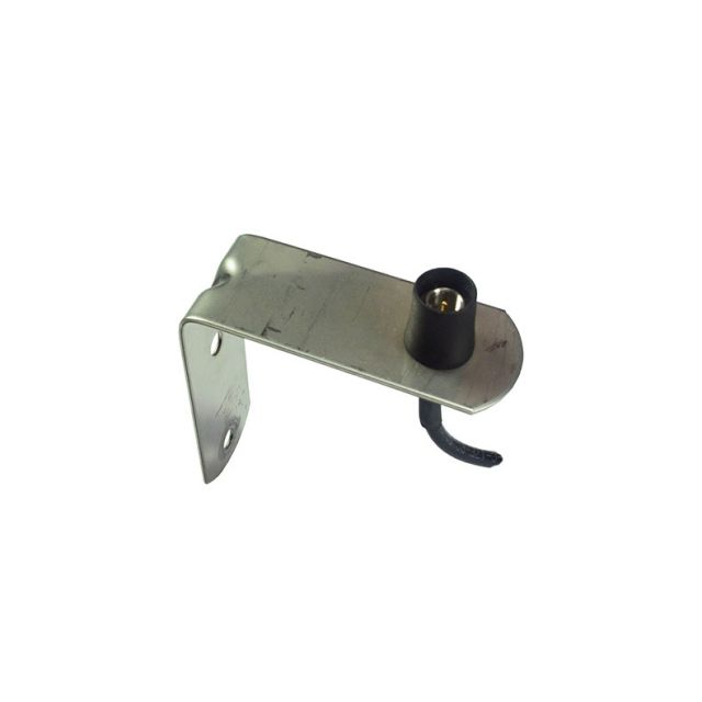 Metal bracket with black plastic part and cable.