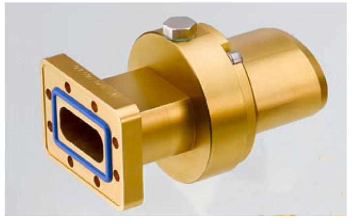 Gouden, rechthoekige metalen klep met blauwe afdichting en bouten.