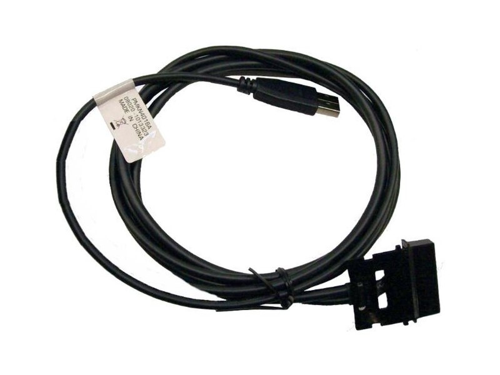Zwart USB-kabel met rechthoekige connector en label.