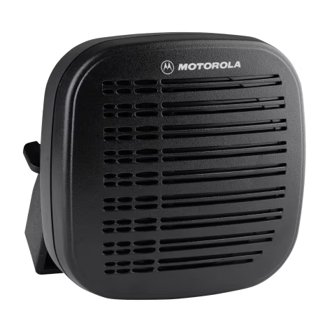 Zwarte luidspreker met ventilatieopeningen en Motorola-logo.
