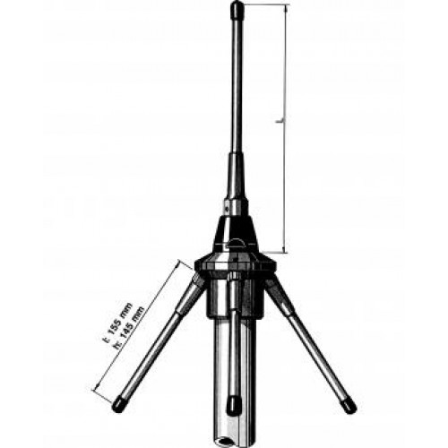 Verticale antenne met vier radiale elementen en aangegeven afmetingen.