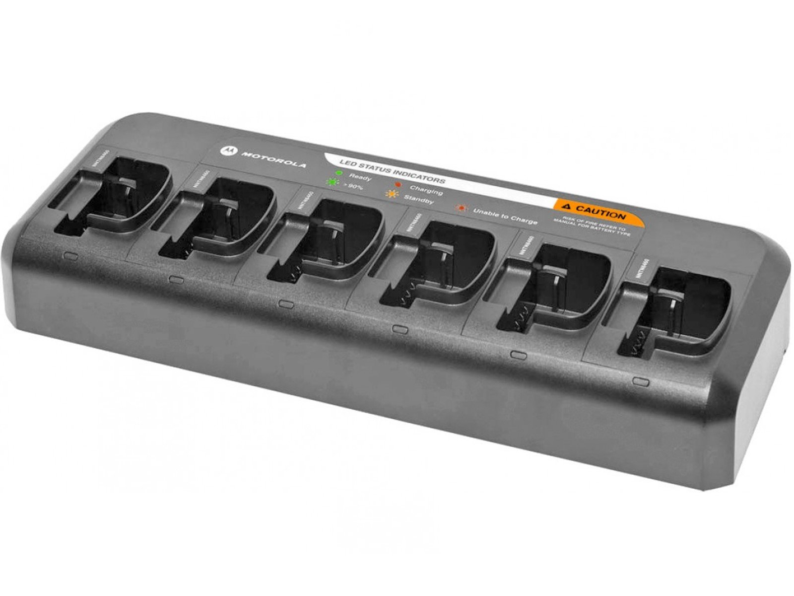 Six-slot charging station with LED status indicators for compatible devices.