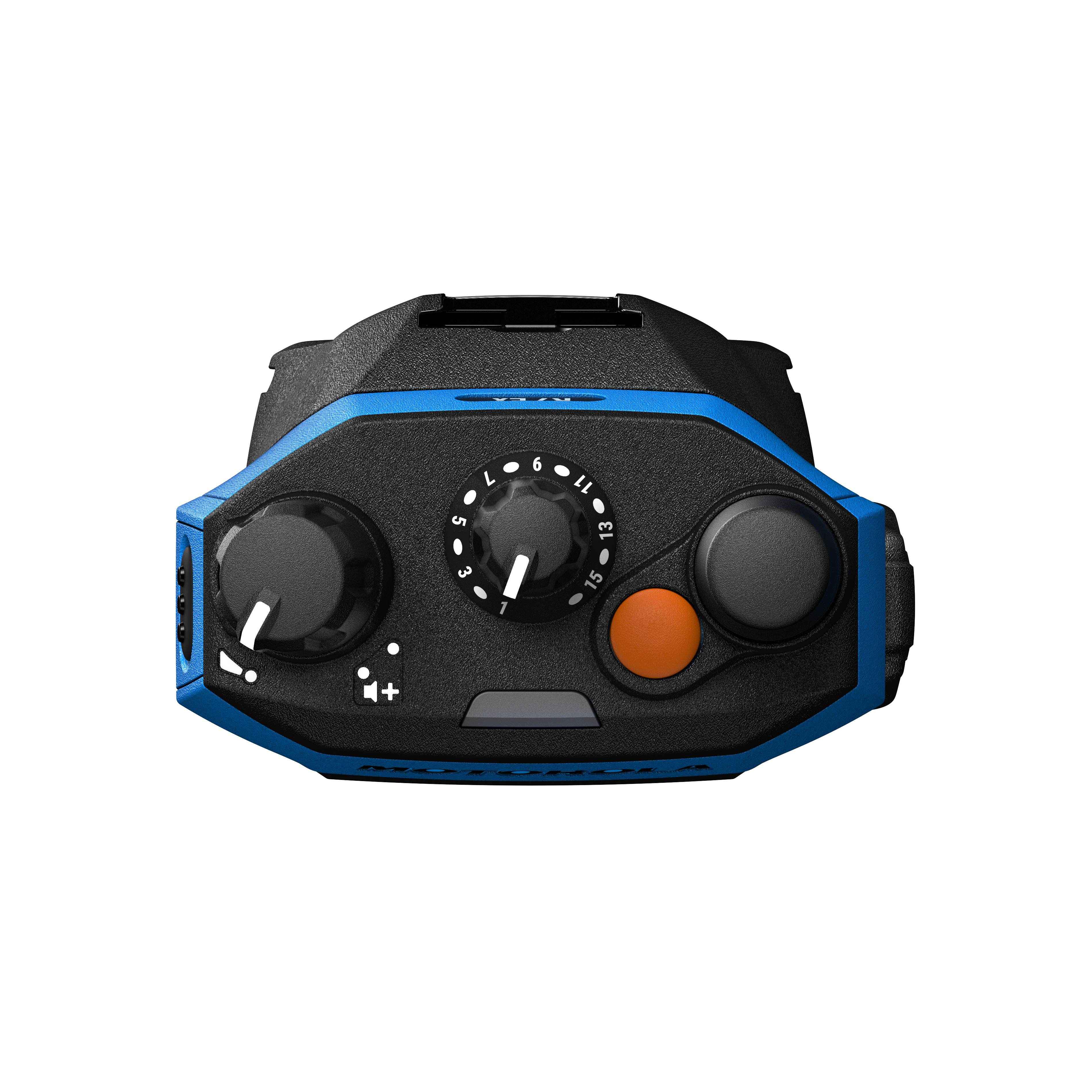 7000_00757920_MOT_08.png Zwart apparaat met blauwe randen, twee knoppen en een oranje knop.