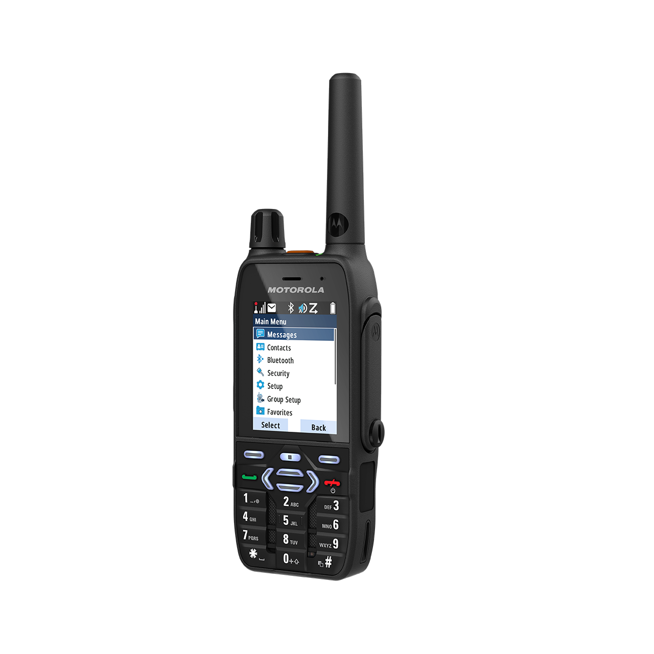 Radioapparaat met display en menuopties: Berichten, Contacten, Bluetooth, Beveiliging.