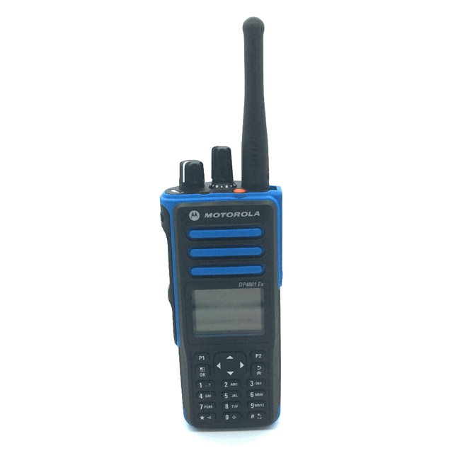 Radio handset with antenna and keypad, model in black and blue.