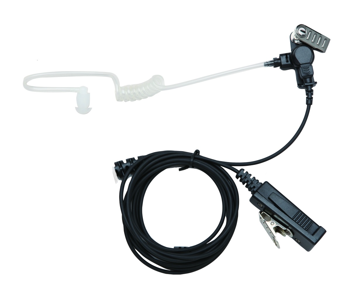 Zwart-wit radio oortje set met oprolbaar snoer en microfoon.
