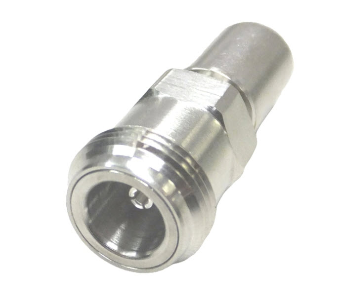 Adaptateur métallique, cylindrique, pour connexions de câbles.