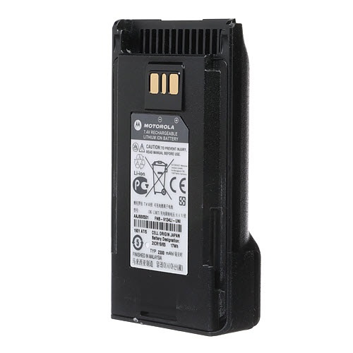 Oplaadbare Li-ion-batterij met label, waarschuwingen en fabrikantgegevens.
