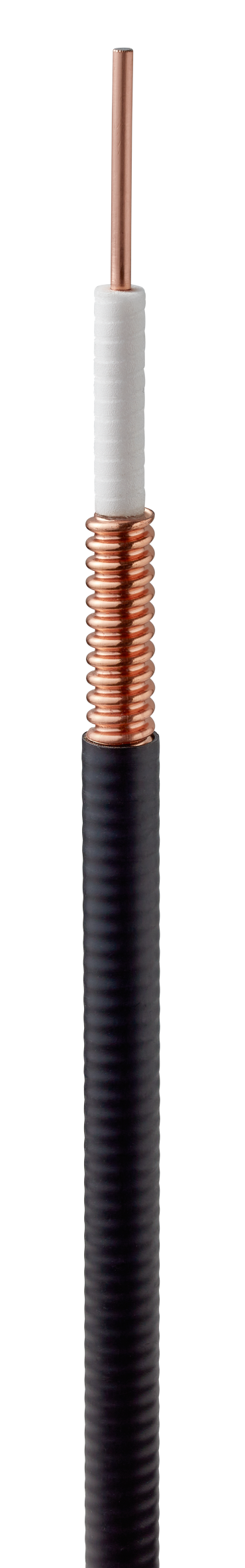 Coaxial cable cut showing copper core and black insulation
