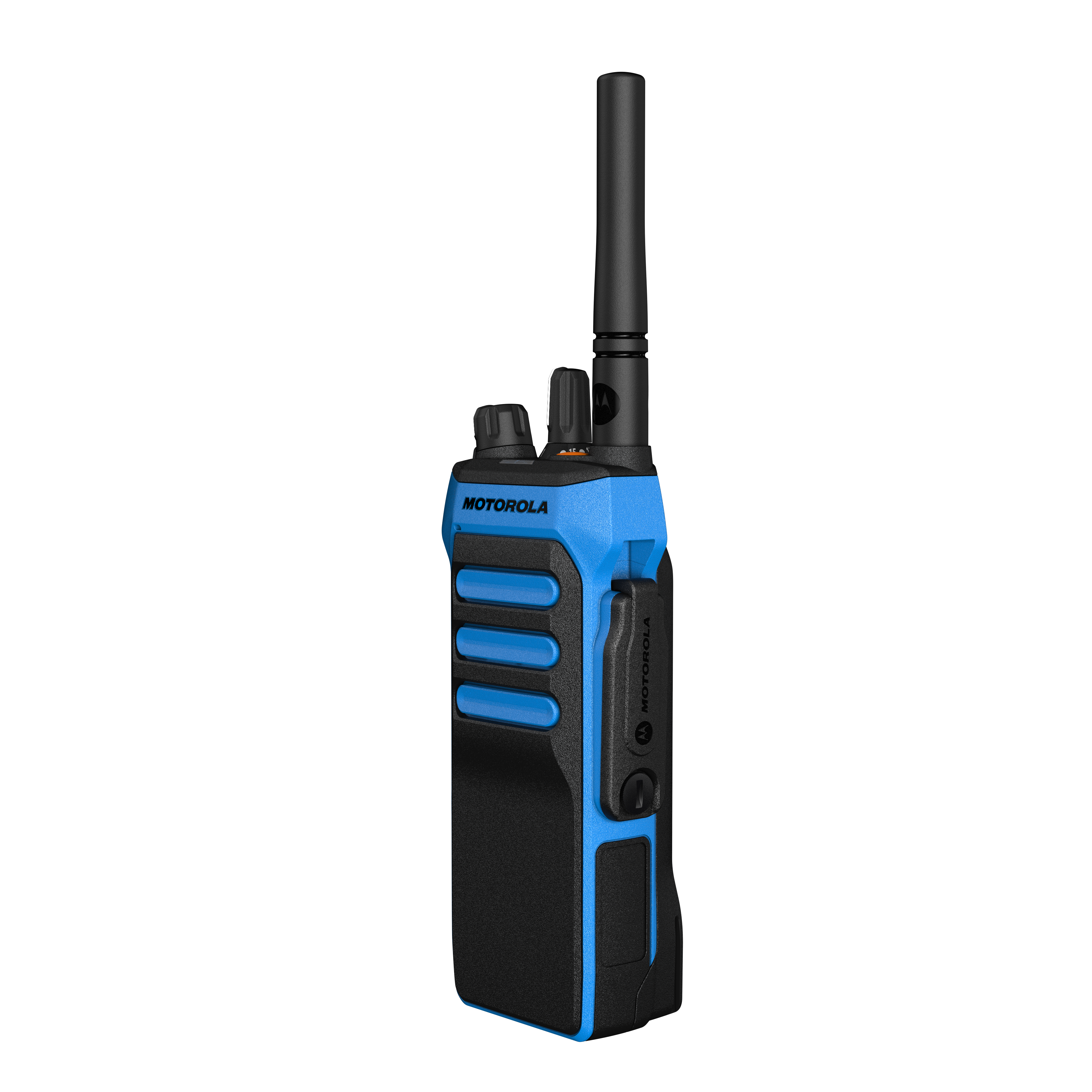 Blauwe handradio met zwarte antenne en knoppen.