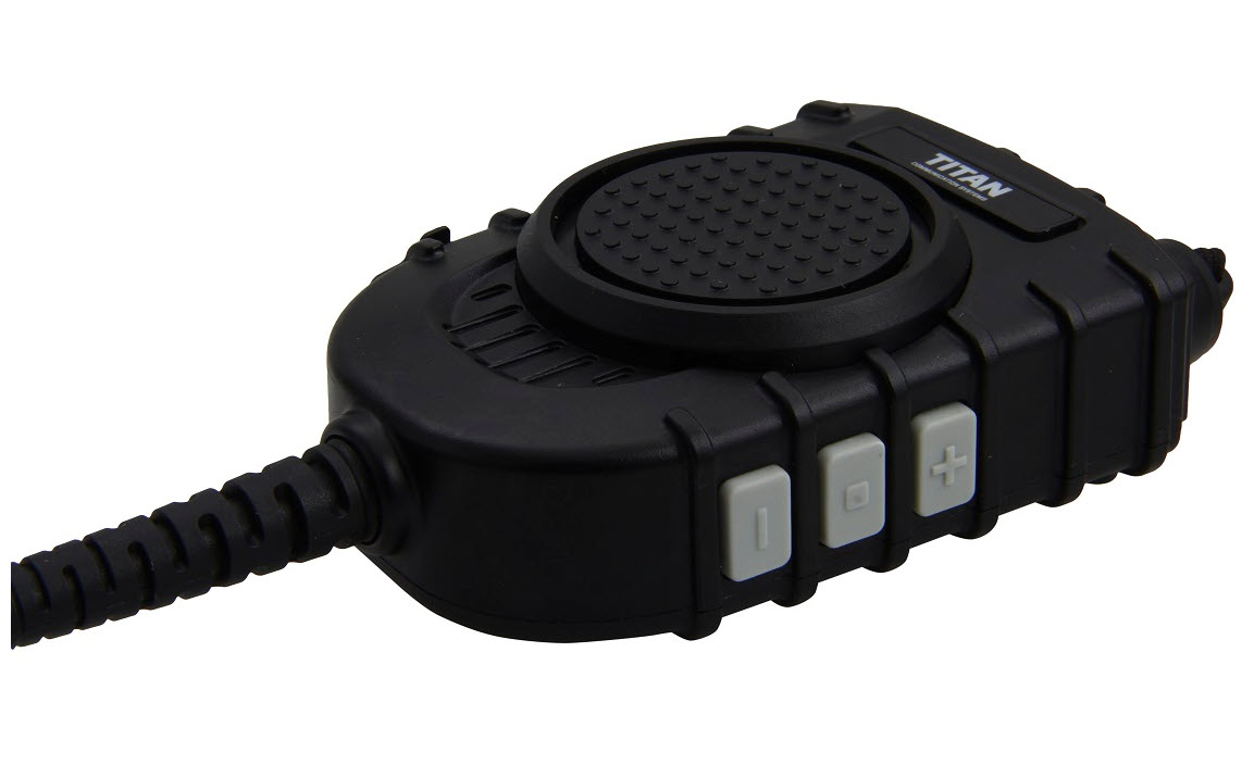 Black communication device with microphone, three buttons, and cable connection.