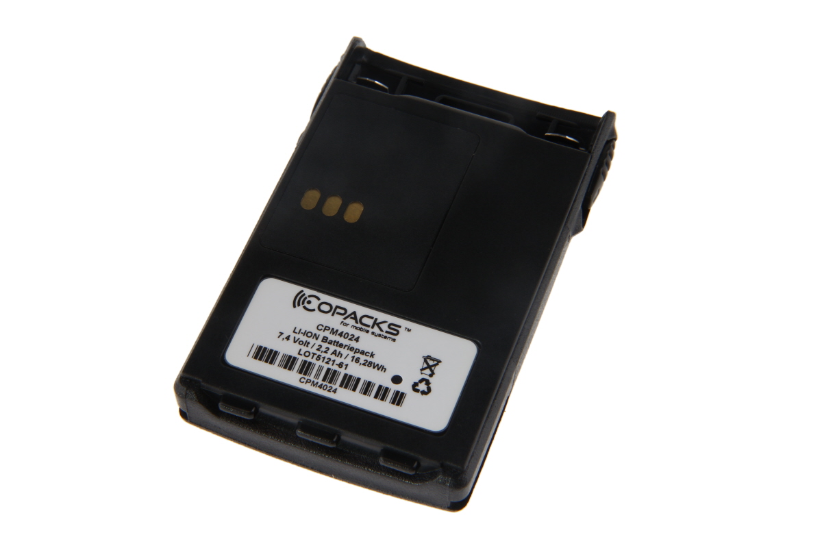 Black battery pack with white label, text, and symbols.