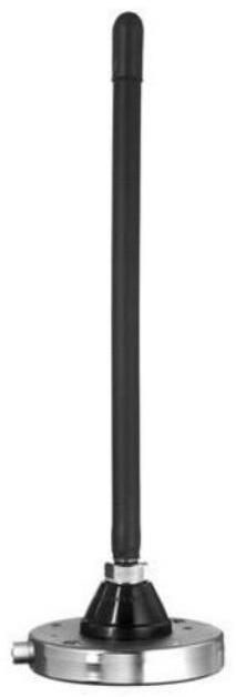 Zwarte antenne met ronde metalen basis.