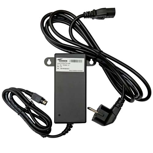 Black power adapter with two cables and plugs, one with three-pin Euro plug.