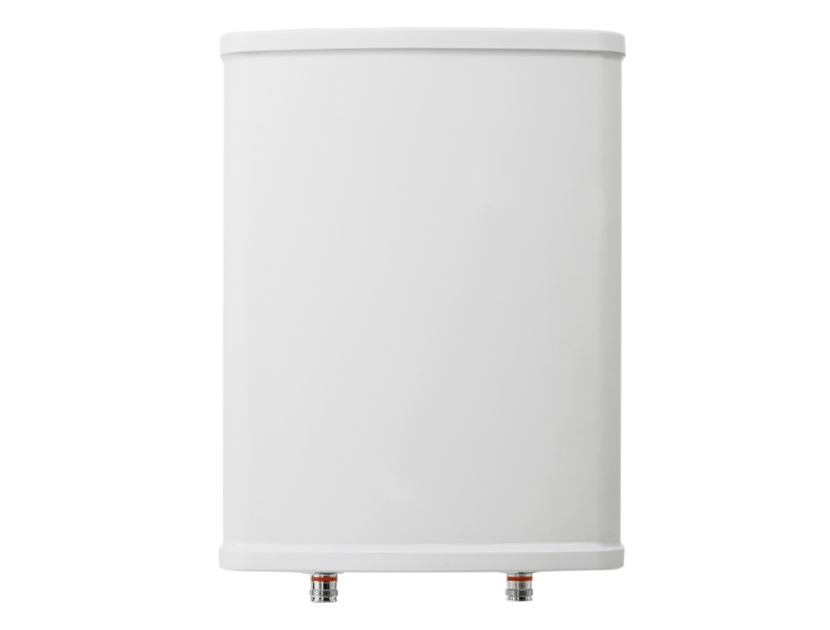 Witte rechthoekige waterboiler met twee aansluitingen aan de onderkant.