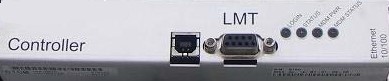 Apparaat met Ethernet-poort, LMT-interface, LED's: Power, Optics Module, Alarm, Online.