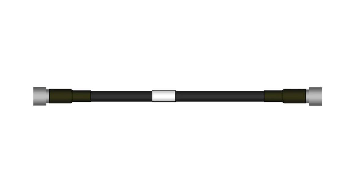 Zwart kabel met zilveren connectors aan beide uiteinden, witte middenstuk.