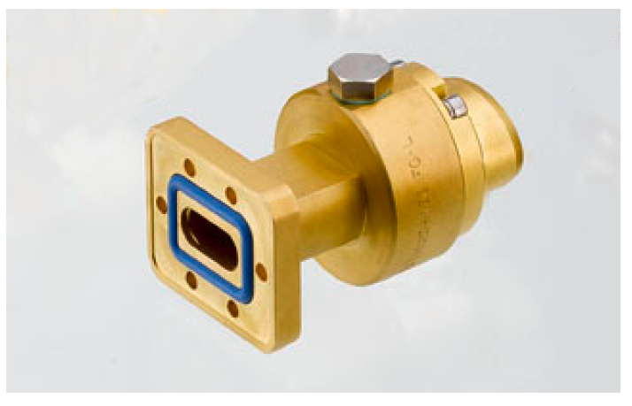 Rechthoekige goudkleurige connector met schroeven en blauwe rand.