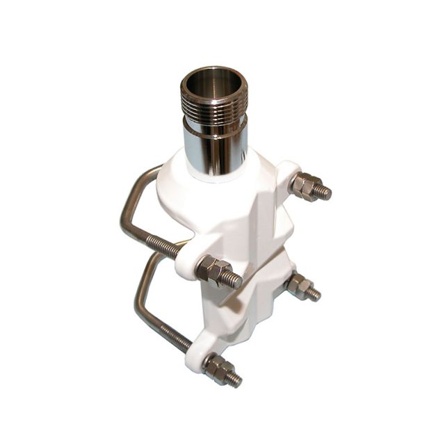 Metalen adapter met vier schroeven en witte kunststofonderdelen.