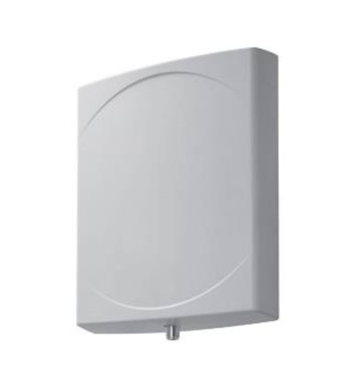 Vierkante, grijze antenne met afgeronde hoeken en een connector aan de onderkant.