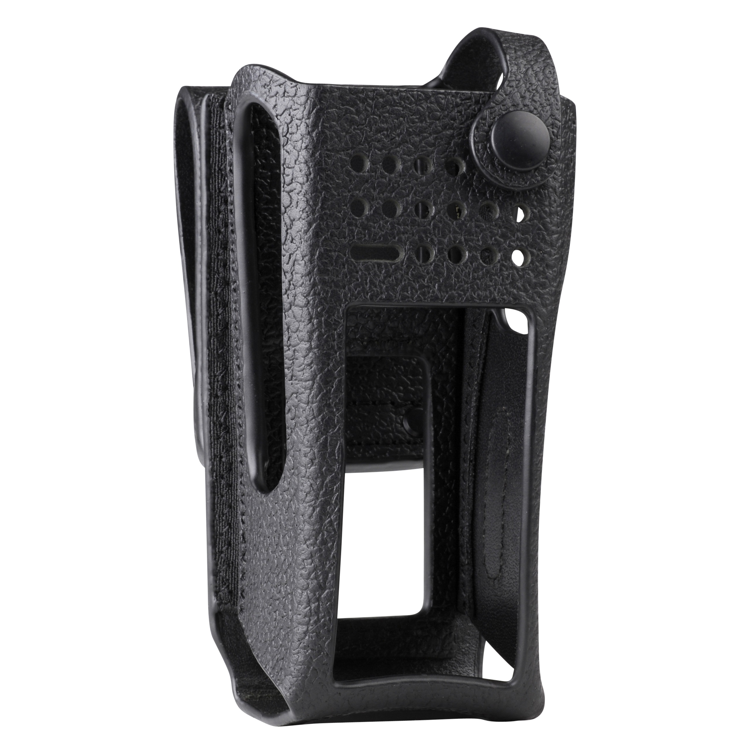Black leather holder with button closure and ventilation holes.