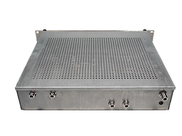 Metal enclosure with perforated top cover and several connectors.