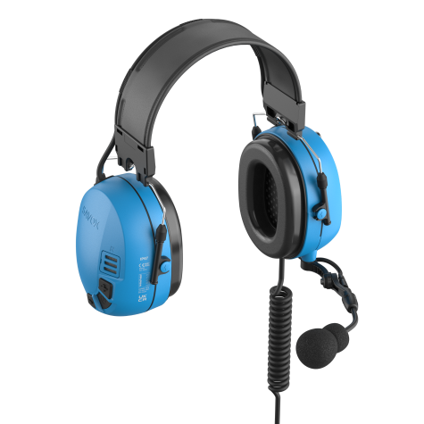 Blauw-zwarte communicatieheadset met microfoon en kabel.