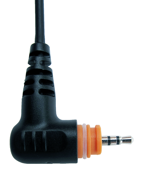 Black 3.5 mm audio plug with orange ring, right angle