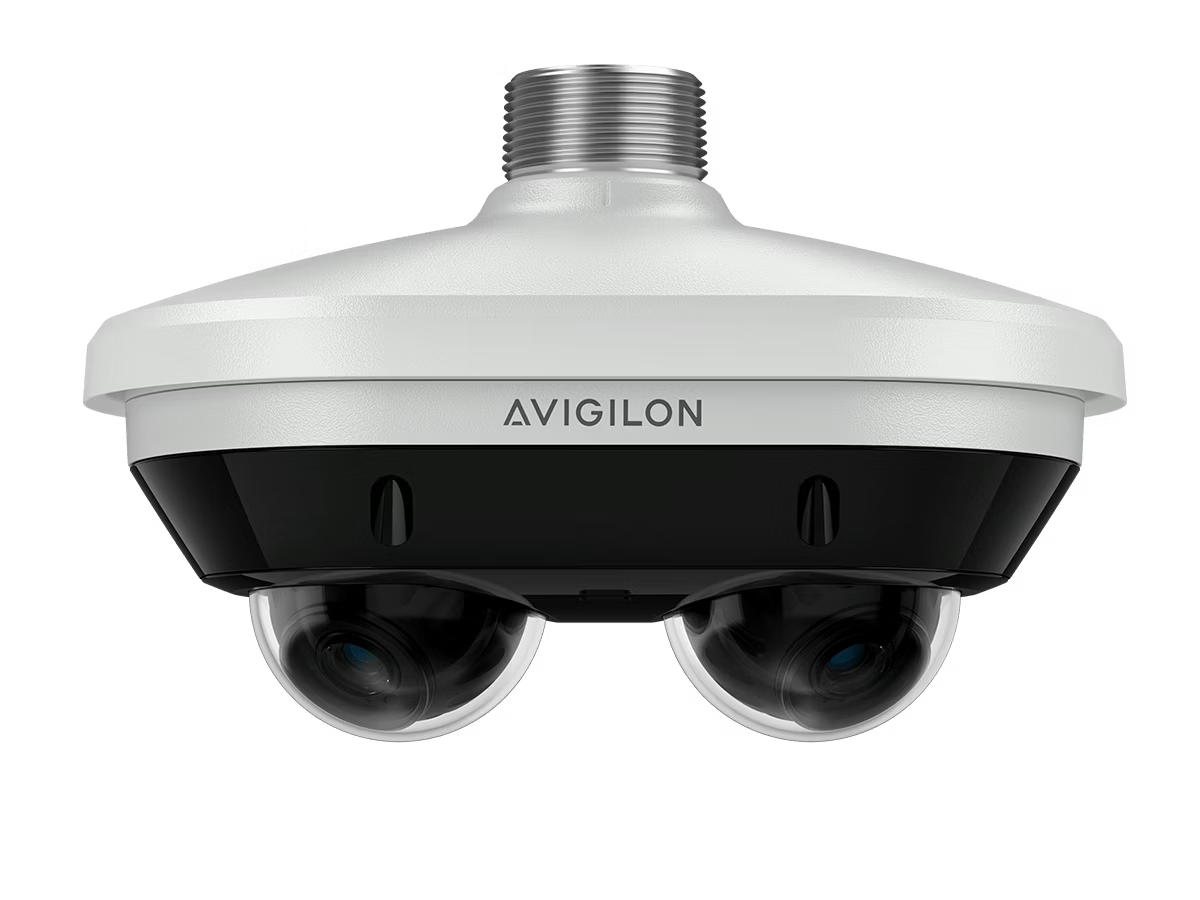 White and black security camera with two dome lenses and metal threading on top.