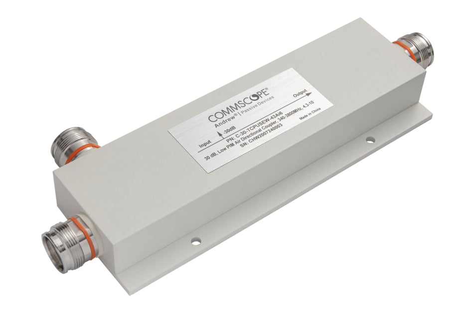 Metal signal splitter with two cable connectors and a label.