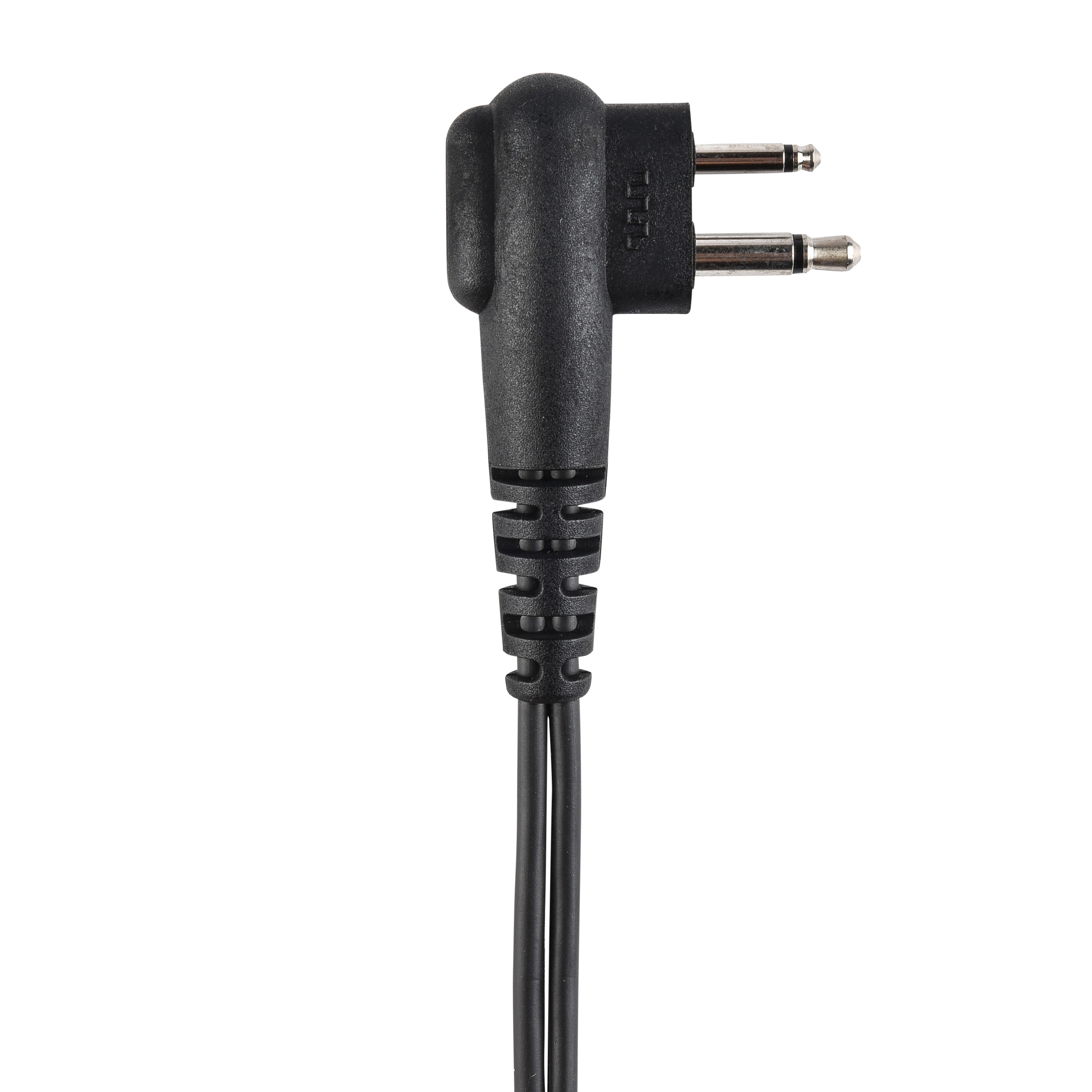 Zwarte Eurostekker met kabel, dubbele pin, hoekige vorm.