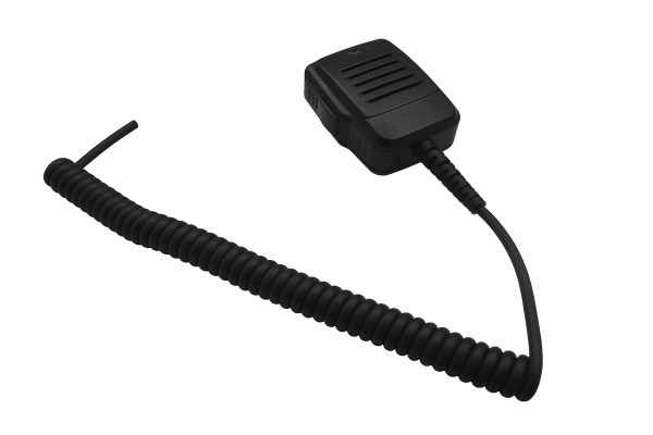Zwart handmicrofoon met spiraalsnoer.