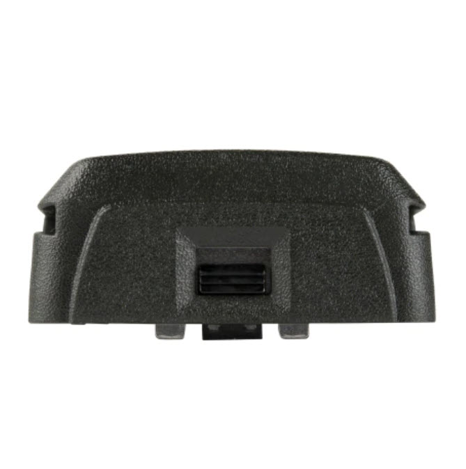 Achterkant van een zwart plastic behuizing met rechthoekige connector.