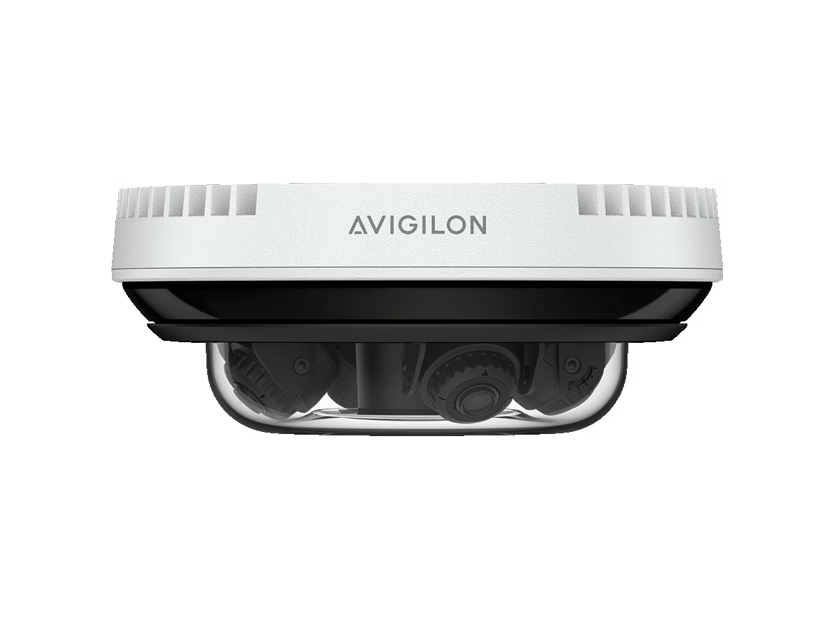 Surveillance camera with white housing and clear dome, Avigilon brand, black underside.