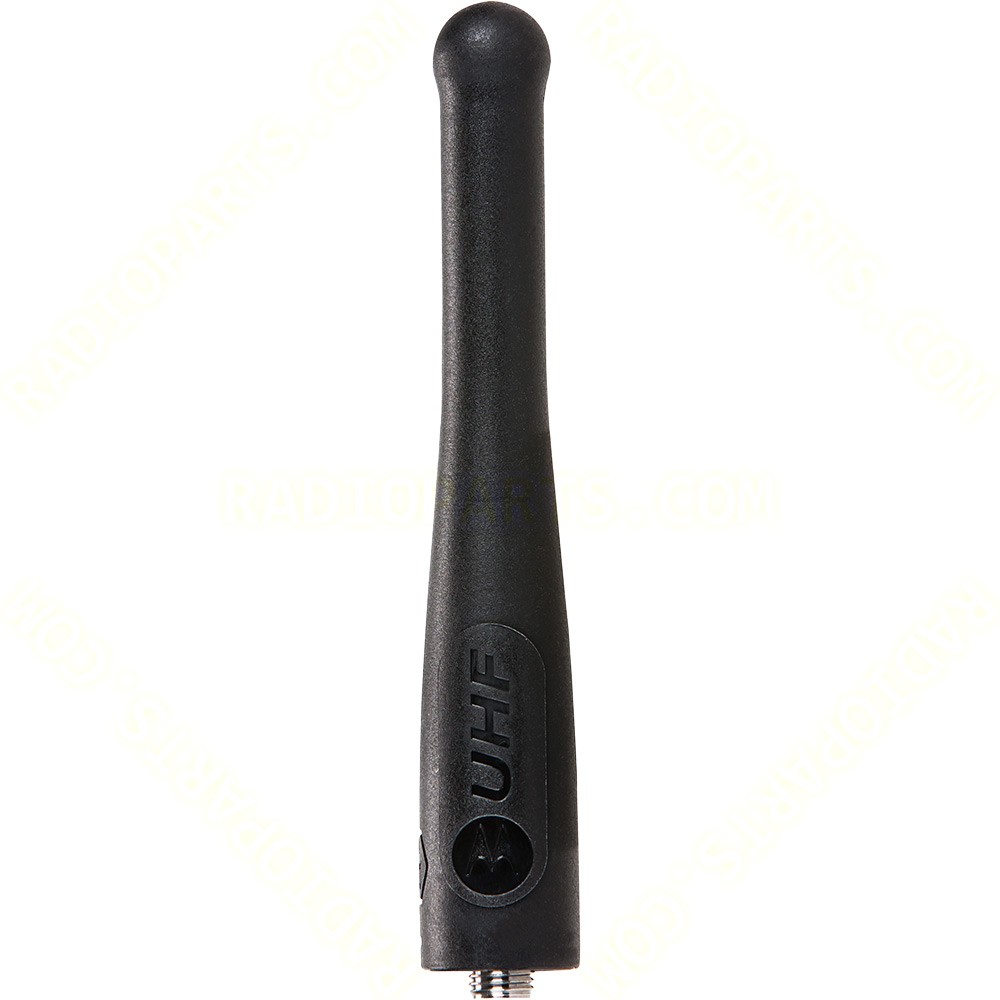 Zwarte UHF-antenne met ronde tip en schroefaansluiting onderaan.