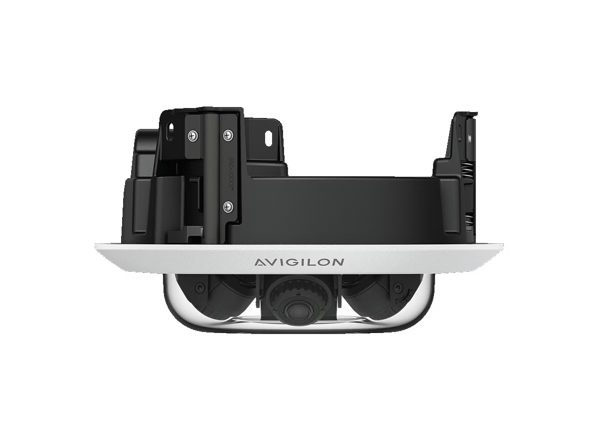 Caméra de sécurité noire et blanche avec logo Avigilon en bas.