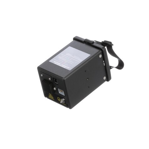 Zwart elektronisch apparaat met draagriem en connectors aan één kant.