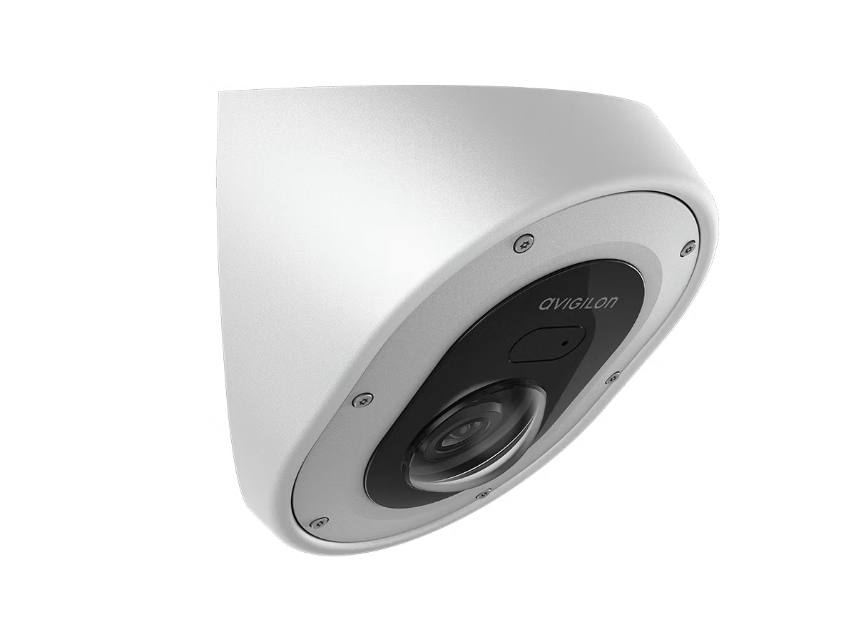 White security camera housing with lens and screws.
