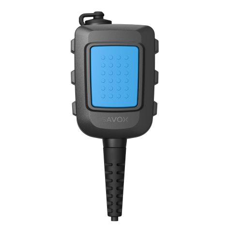 Micro noir avec bouton bleu, forme rectangulaire, connexion câble en bas.