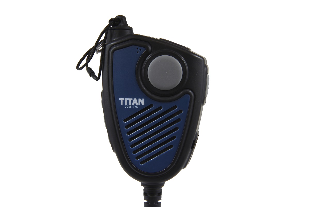 Blauw-zwart handmicrofoon met luidsprekerrooster en ophangkoord.