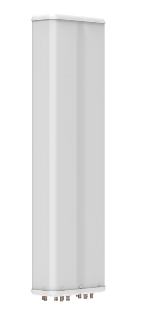 Witte rechthoekige antenne met aansluitingen aan de onderkant.