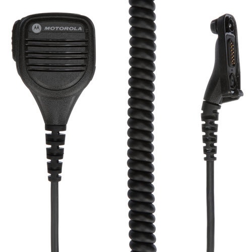 Black hand microphone with cable connector, suitable for radios.